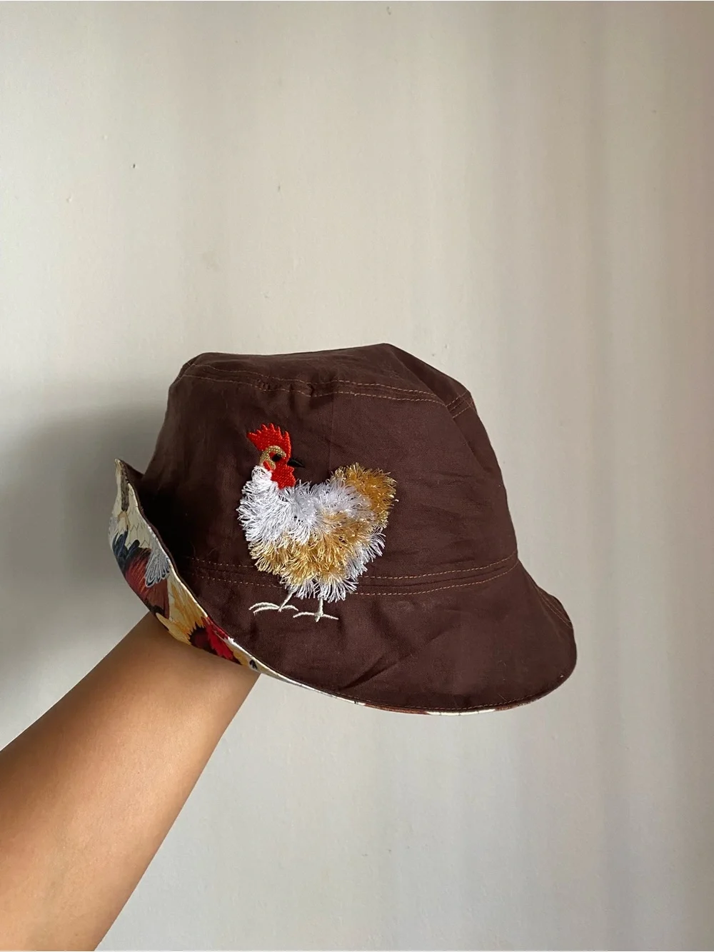 Hand Crafted Brown Bucket Hat with Embroidered Chicken